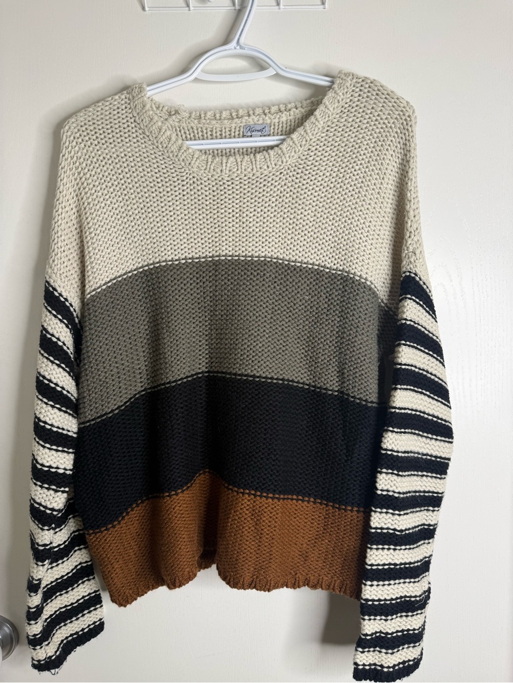 Kismet Striped Colorblock Knit Sweater - Beige, Olive, Black & Brown Large